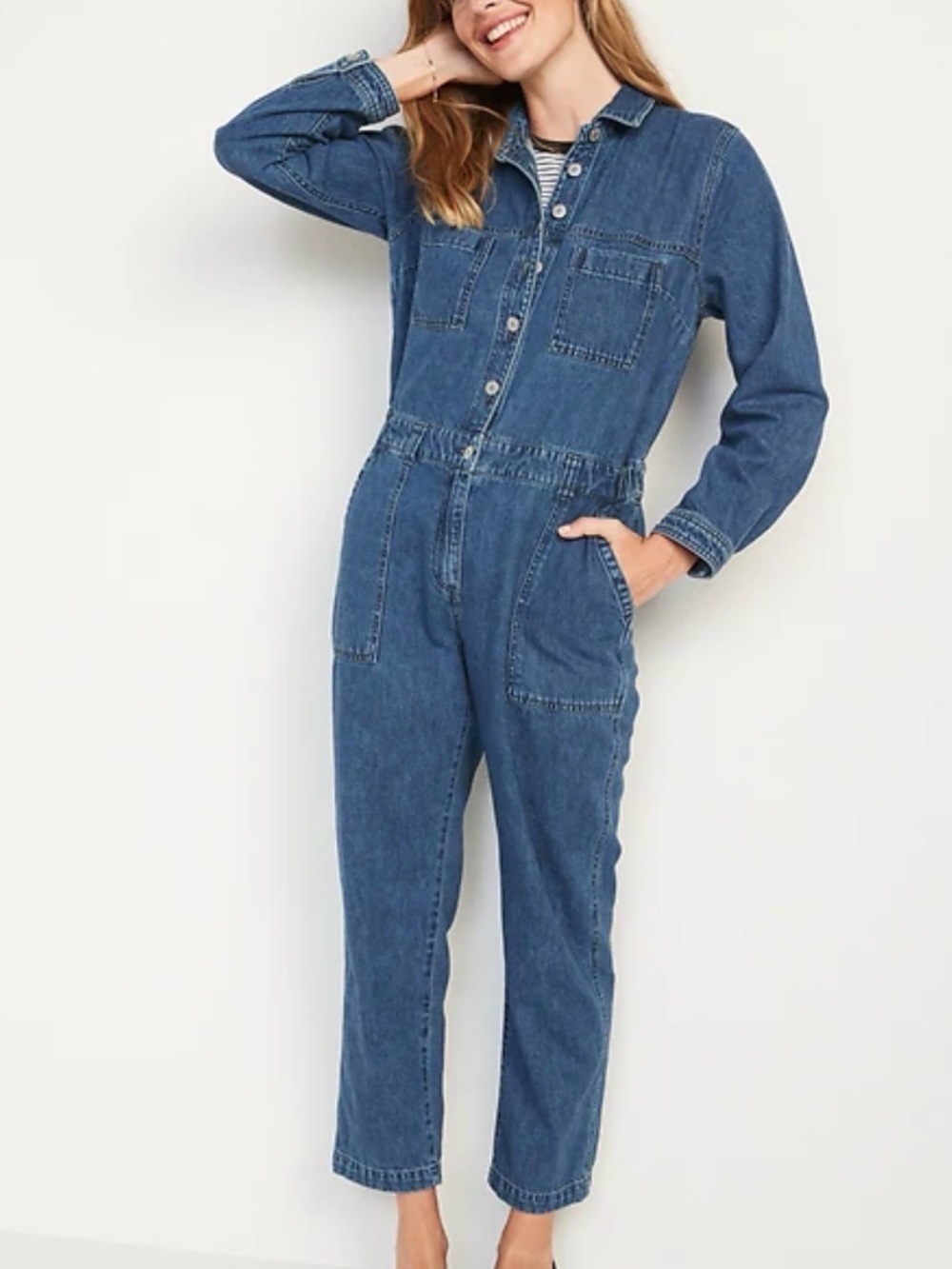 Old Navy Denim Utility Jean Jumpsuit Long Sleeve Medium Wash Size M EUC